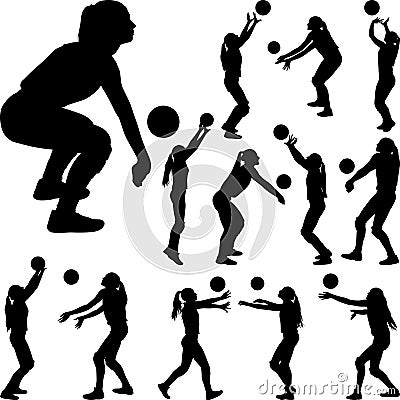 Volleyball girl player. women group play volleyball silhouette vector Vector Illustration