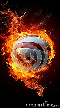 Volleyballs intensity, A fiery ball on a black backdrop, radiating passion Stock Photo