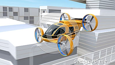 Volo Auto-movente giallo del taxi del fuco del passeggero tramite la strada principale illustrazione di stock Volo Auto-movente giallo del taxi del fuco del passeggero tramite la strada principale illustrazione di stock