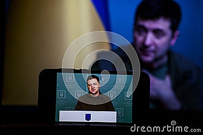 Volodymyr Zelensky the president of Ukraine on TV. Volodymyr Zelenskyy speech to people on TV Editorial Stock Photo