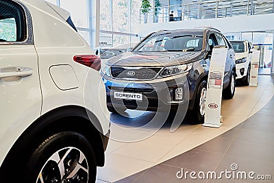 Vologda, Russia - June 18, 2019: Cars in showroom of dealership KIA in Vologda in Russia Editorial Stock Photo