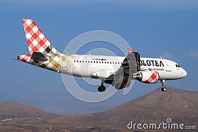 Volotea Airlines Airbus A319 landing in Lanzarote Editorial Stock Photo