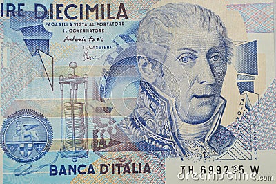 Volta Italian physicist on 10000 lire banknote Stock Photo
