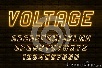 Voltage neon light alphabet, realistic extra glowing font Vector Illustration