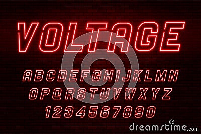 Voltage neon light alphabet, realistic extra glowing font Vector Illustration