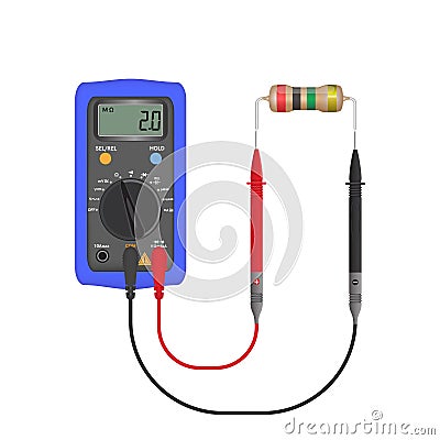 Multimeter electrical or electronics in purple silicone shell, with probes. Electrician power tools. Vector Illustration