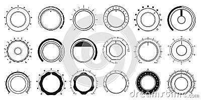 Volume adjustment dials. Round level knob, rotary control dial and sound controller interface circle switch vector set Vector Illustration