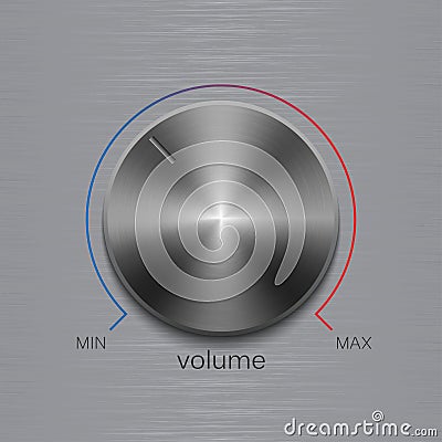 Volume button with dark metal steel brushed texture and color line scale isolated on aluminum polished texture background Vector Illustration