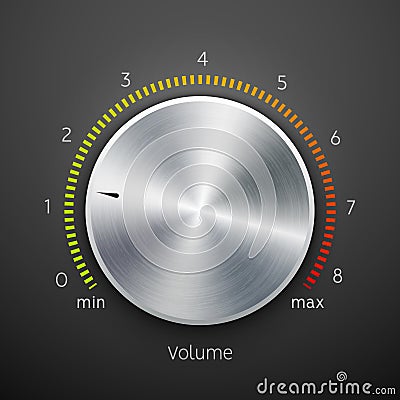 Volume button metal texture steel chrome. Music knob sound level. Sound panel tuner interface Vector Illustration