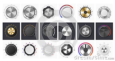 Volume control knob. Amplifier round dial level regulator, metal potentiometer knobs and audio ui knobs vector set Vector Illustration