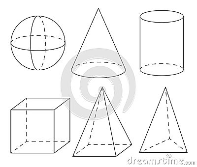 Volume geometric shapes: sphere, cone, cylinder, cube, pyramid. Vector Illustration