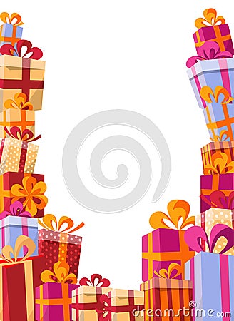 Volume style background flat illustration - mountain of gifts in bright boxes with ribbons and various textures frames Vector Illustration