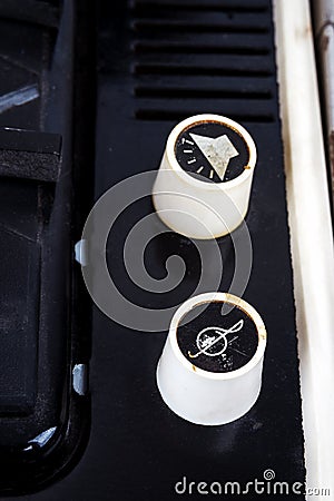 Volume and tone knobs of n vintage suitcase turntable Stock Photo