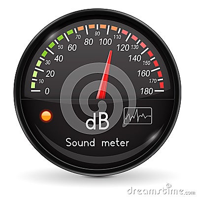 Volume unit meter. Sound audio equipment. Black glass gauge with chrome frame Vector Illustration