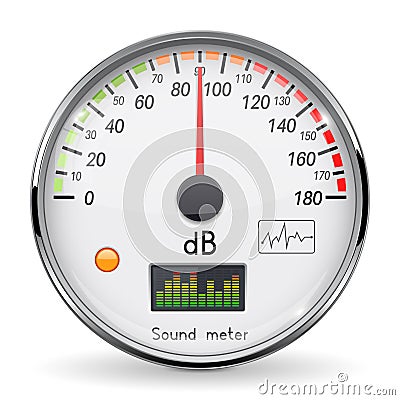 Volume unit meter. Sound audio equipment. Normal level. White glass gauge with chrome frame Vector Illustration