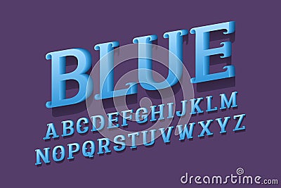 Volumetric alphabet of blue letters with curly serifs. 3d display font. Isolated english alphabet Vector Illustration