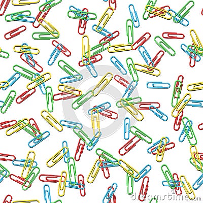 Volumetric colored stationery office paper clips on a seamless background. Use as background for packaging, desktop, branding, etc Vector Illustration