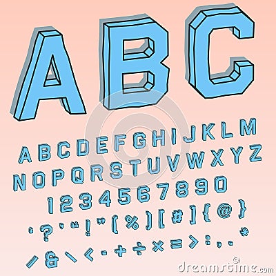 Volumetric 3D font in perspective with alphabetical and numerical characters Vector Illustration