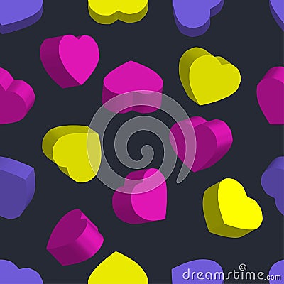 Volumetric hearts on a dark background, seamless vector pattern Vector Illustration