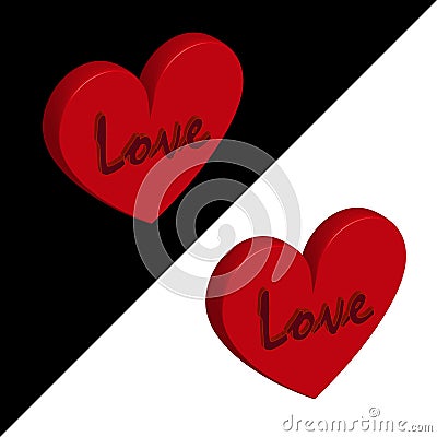 Volumetric red heart 3D with the word love. Symbol of love and fidelity for Valentine`s Day. Cartoon Illustration