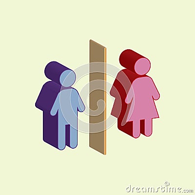 Volumetric vector: a badge of a man of blue color and a woman of pink color on a light yellow background. toilet sign Vector Illustration