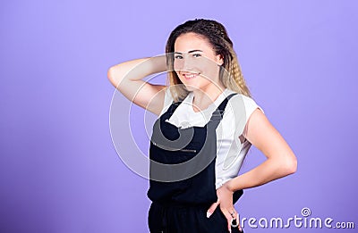 Voluminous crimped hair. Popular look. Trendy crimped hairstyles. Woman dreamy face posing with stylish hairstyle on Stock Photo