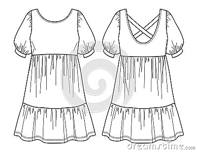 Voluminous mini dress, trendy dress with frills vector sketch Vector Illustration
