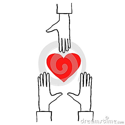 Voluntary and donation hand drawn vector illustration. Volunteers, social workers hearts and palms.raising hands. togetherness. Vector Illustration