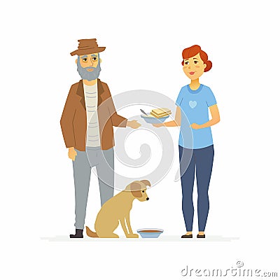 Volunteer bring food to homeless - cartoon people characters isolated illustration Vector Illustration