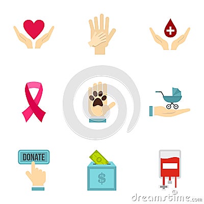 Volunteer center icons set, flat style Vector Illustration