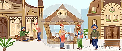 Volunteer character male help people, male feed poor needy people, disabled human receive support flat vector Vector Illustration