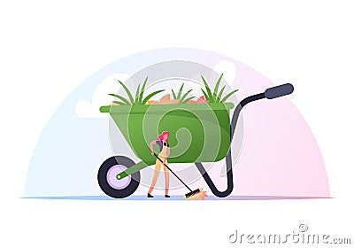 Volunteer Character in Working Overall Cleaning Garbage in House Yard or Park Racking, Collecting Trash, Planting Plants Vector Illustration