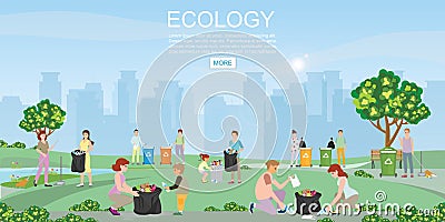 Volunteer cleaning garbage in the park on city view background Vector Illustration