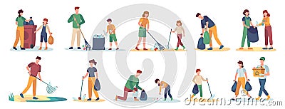 Volunteer collects trash. Men, women and children cleaning nature from garbage set. Isolated vector family picks up and Vector Illustration