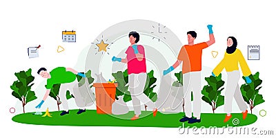 Volunteer communities clean up trash in the park together. Participation and environment friendly activities Vector Illustration