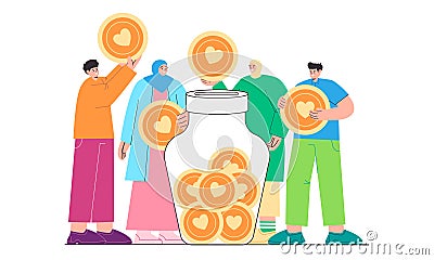 Volunteer donate together friends donating put coin heart into jar teen fundraising collect money Vector Illustration