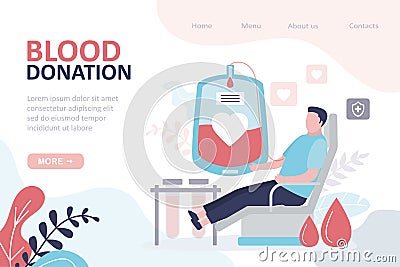 Volunteer donates blood to those in need. Donor sits in medical chair. Blood transfusion into plastic container Vector Illustration