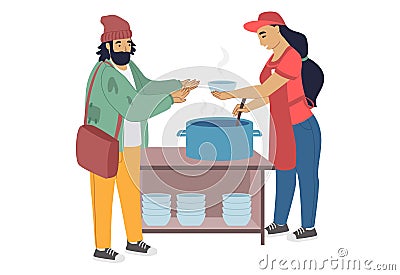 Volunteer feeding homeless person, flat vector illustration. Care for homeless, volunteering and charity. Food aid. Vector Illustration
