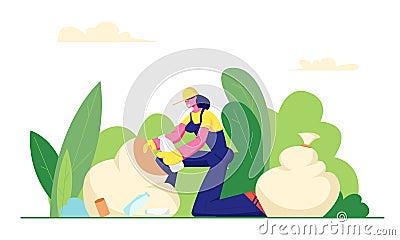 Volunteer Female Character Cleaning Garbage in City Park Area. Volunteering, Woman in Working Robe Collecting Trash to Sack Vector Illustration