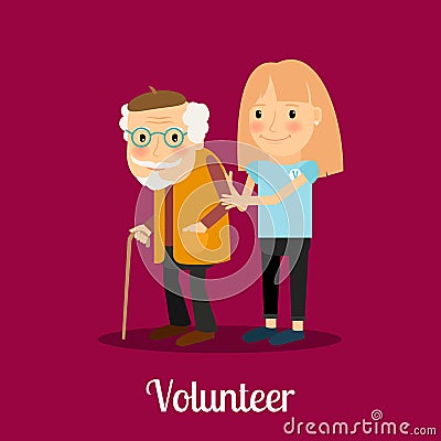 Volunteer girl caring for elderly man Vector Illustration