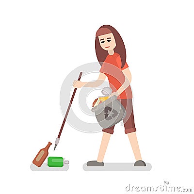 Volunteer girl collects trash Vector Illustration