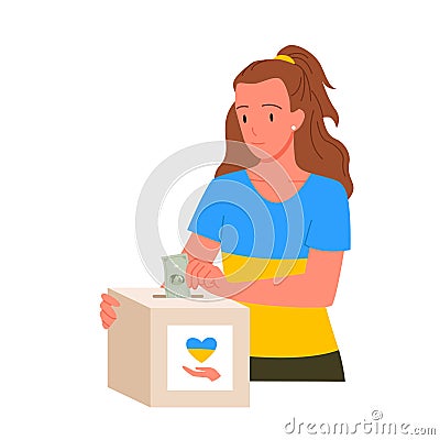 Volunteer girl in shirt in national colors of Ukraine putting money into charity box Vector Illustration