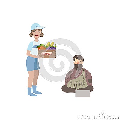 Volunteer Giving Food To Homeless Man Vector Illustration