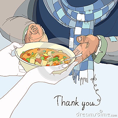 Volunteer giving plate of food to the homeless in worn clothes Vector Illustration