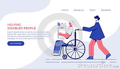 Volunteer help disabled. Woman in a wheelchair. Vector Illustration