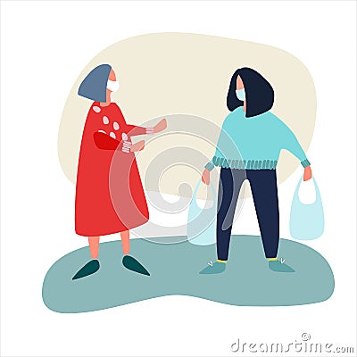 Volunteer helps elderly woman with shopping. Social work during coronavirus quarantine concept Vector Illustration