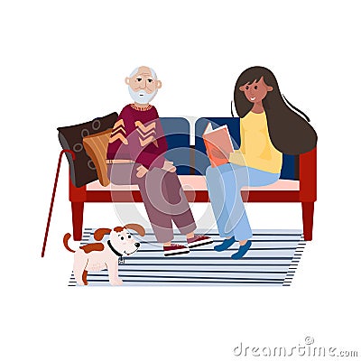 Volunteer helps old man. Social worker reads book elderly man . Old people takes care concept. Smiling woman is sitting Vector Illustration