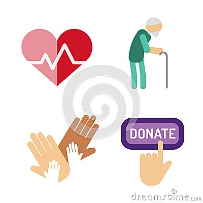 Volunteer icons charity donation vector set humanitarian awareness hand hope aid support people Vector Illustration