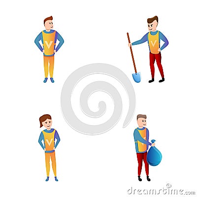 Volunteer icons set cartoon vector. Girl and guy while working Vector Illustration