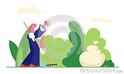 Volunteer Male Character in Working Overall Cleaning Garbage in City Park Area Racking Ground, Collecting Trash to Sack Vector Illustration